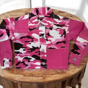 Y2K Pink Camo Cropped Jacket Kids Size 6 Patchwork Streetwear Grunge Style